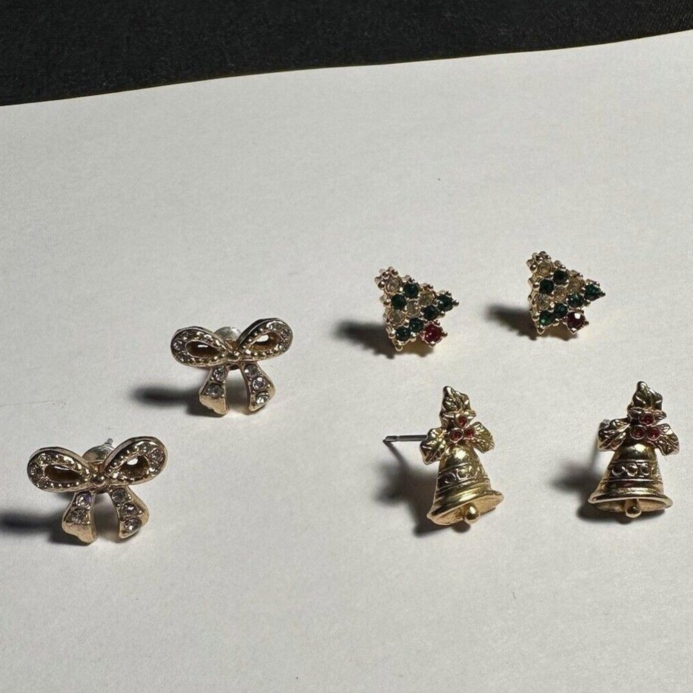 Lot Of 3 Rhinestone Avon Pierced Earrings Gold Tone Christmas Tree Bells Bow